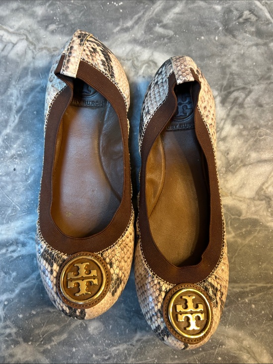 Tory Burch Shoes - Tory Burch Taupe Snake-Print Logo Ballet Flats